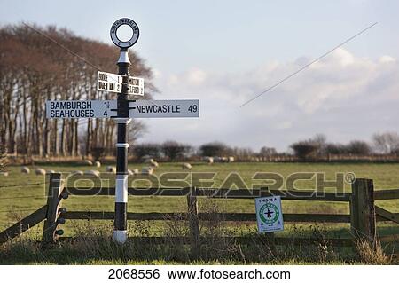 Stock Photograph - Destination And Distance Sign; Northumberland England. Fotosearch