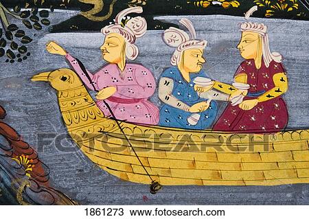Stock Image - Detail From Painting From 17Th Century Persian Manuscript Men And Woman In Boat On River Or Lake Man Fishing From Boat. Fotosearch
