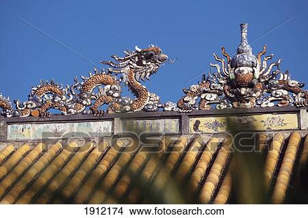 Picture - Detail Of Building With Dragon As Viewed Through Palm Leaves, Forbidden City, Hue City, Vietnam. Fotosearch