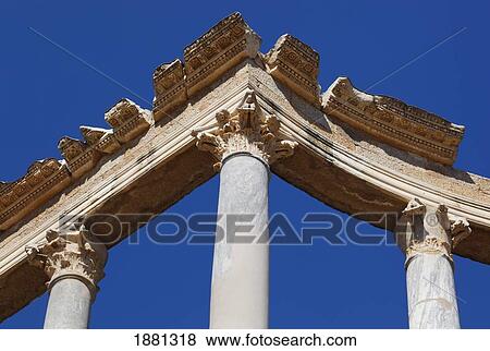 Stock Photo - Detail Of Colonnade Behind The Stage Of The Roman Theatre Built In The First Century B. C.; Merida, Badajoz Province, Spain. Fotosearch
