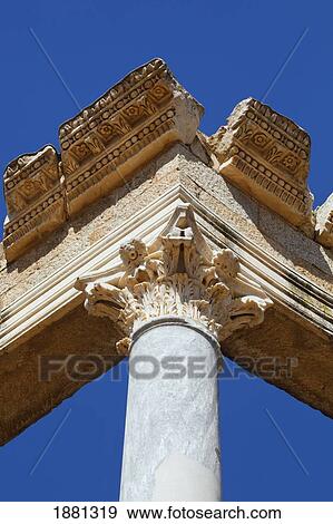 Stock Photo - Detail Of Colonnade Behind The Stage Of The Roman Theatre Built In The First Century B. C.; Merida, Badajoz Province, Spain. Fotosearch