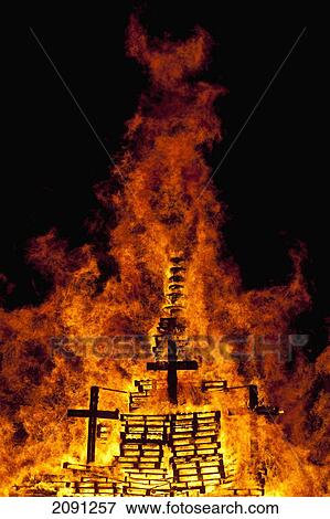 Stock Photo - Detail Of Crosses On Large Bonfire On Beach, Hastings Bonfire Night, East Sussex, Uk. Fotosearch