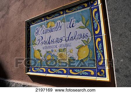 Stock Photo - Detail Of Shop Tiles, Limoncello Di Positano, Restaurant Sign, Positano, Amalfi Coast, Campania, Italy.. Fotosearch