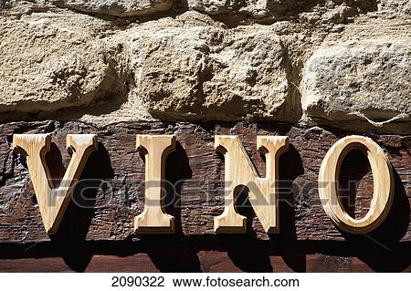 Stock Image - Detail Of Sign Reading Wine In Spanish, Laguardia, Basque Country, Spain. Fotosearch