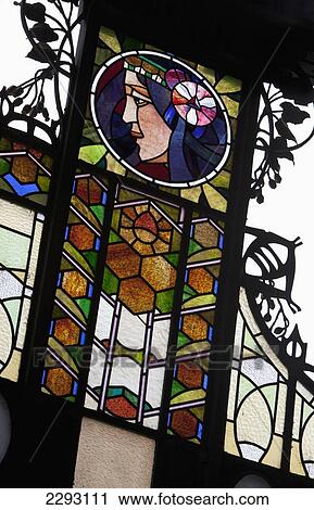 Detail of stained glass adorning the exterior of the Art Nouveau - Obecni dum building (The Municipal House), Prague, Czech Republic, Europe View Large Photo Image Stock Image - Detail of stained glass adorning the exterior of the Art Nouveau - Obecni dum building (The Municipal House), Prague, Czech Republic, Europe. Fotosearch