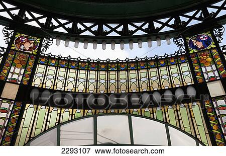 Stock Photo - Detail of stained glass adorning the exterior of the Art Nouveau - Obecni dum building (The Municipal House), Prague, Czech Republic, Europe. Fotosearch