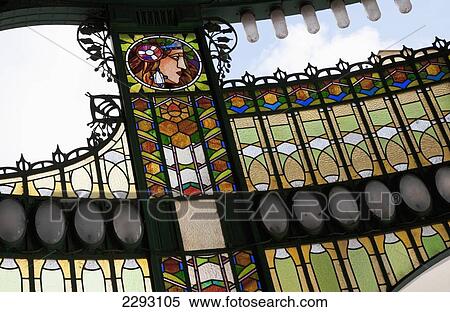 Stock Photography - Detail of stained glass adorning the exterior of the Art Nouveau - Obecni dum building (The Municipal House), Prague, Czech Republic, Europe. Fotosearch