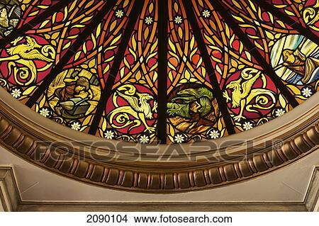 Picture - Detail Of Stained Glass On Domed Window Above Main Staircase In London Coliseum, West End, London. Fotosearch