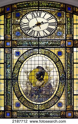 Stock Image - Detail Of Stained-Glass Window, Pablo Ferrando Building, Historical Site Built In 1917, Now A Bookshop, Art Nouveau Style, Montevideo, Uruguay, South America. Fotosearch