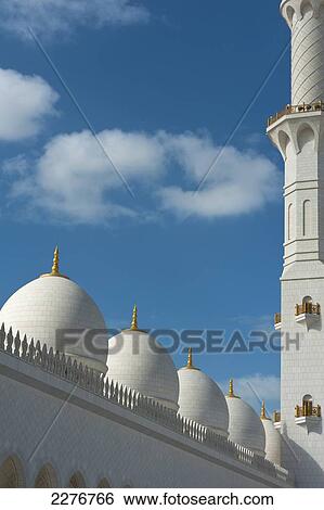Stock Photograph - Detail Of The Domes And Minaret Of The Sheikh Zayed Grand Mosqueabu Dhabi, United Arab Emirates. Fotosearch