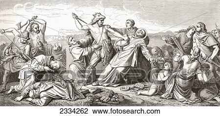 Stock Image - Detail Of The Fresco Depicting The Martyrdom Of Saint Boniface In Frisia In 754, Found In The Basilica Of St. Boniface's Abbey, Munich, Bavaria, Germany. Saint Boniface, C. 7Th Century ÃƒÂ¢Ã¢â‚¬Å¡Ã‚Â¬. Fotosearch
