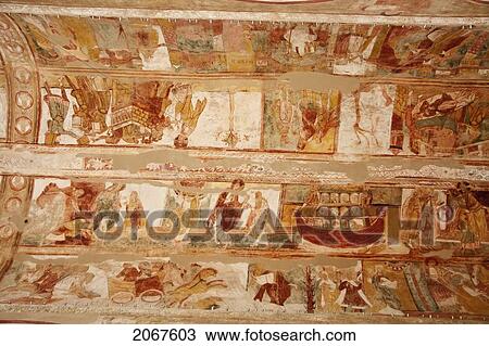Stock Image - Detail Of The Romanesque Mural Series Depicting The Book Of Genesis, Painted On The Ceiling Of The Central Nave Of The Abbey Church Of Saint-Savin Sur Gartempe, Saint-Savin Sur Gartempe, Vienne, France. Fotosearch