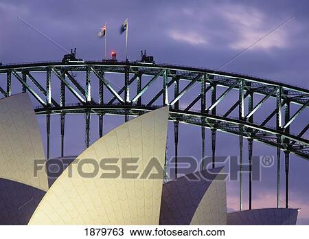 Stock Image - Detail Of The Sydney Opera House And Sydney Harbor Bridge At Dusk, Sydney, Close Up. Fotosearch