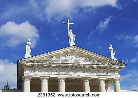 Stock Image - Detail view of the front of Vilnius Cathedral in Cathedral Square; Vilnius, Lithuania. Fotosearch