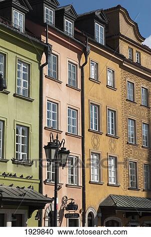 Detailed facades on burgher houses in Zamkowy Square (Plac Zamkowy) which were rebuilt after the Second World War and now form the UNESCO World Heritage Site Old Town district of Warsaw, Poland View Large Photo Image Stock Image - Detailed facades on burgher houses in Zamkowy Square (Plac Zamkowy) which were rebuilt after the Second World War and now form the UNESCO World Heritage Site Old Town district of Warsaw, Poland. Fotosearch