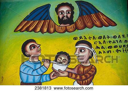 Stock Image - Details of church wall paintings depicting biblical scenes; Ethiopia. Fotosearch