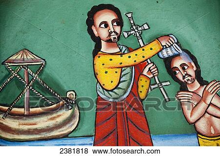 Stock Photo - Details of church wall paintings depicting biblical scenes; Ethiopia. Fotosearch