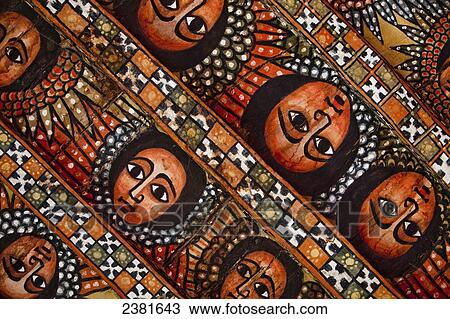Stock Image - Details of the painted ceiling in Debre Berhan Selassie church; Gondar, Amhara region, Ethiopia. Fotosearch