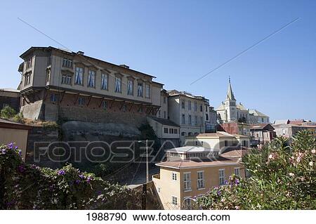 Stock Image - Deutsche Schule (German School) And Lutheran Church On Cerro Concepcion, Valparaiso, Valparaiso Region, Chile. Fotosearch
