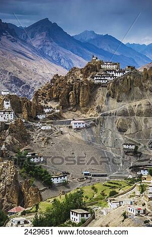Stock Image - Dhankar Gompa and village; Spiti Valley, India. Fotosearch