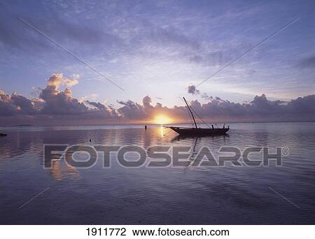 Stock Image - Dhow In Calm Waters At Low Tide At Dawn, Matemwe Beach, Zanzibar, Tanzania.. Fotosearch
