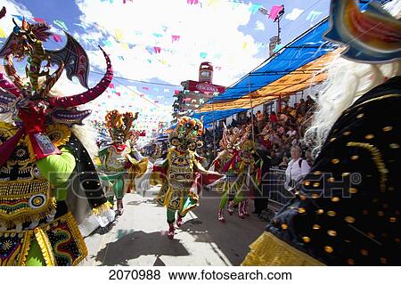 Stock Photo - Diablada Dancers Wearing Elaborate Devil Masks And Costumes In The Procession Of The Carnaval De Oruro, Oruro, Bolivia. Fotosearch