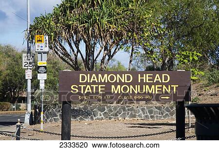 Stock Image - Diamond Head State Monument sign; Honolulu, Oahu, Hawaii, United States of America. Fotosearch