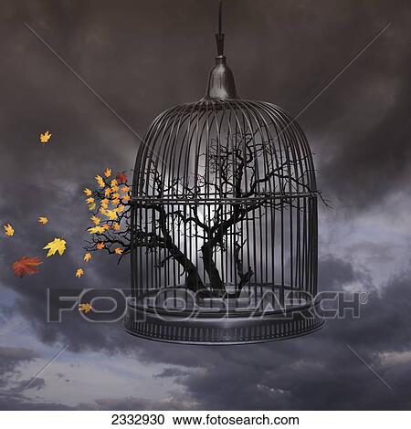 Stock Image - Digital Composite Of Bare Tree In A Birdcage Losing Autumn Leaves. Fotosearch