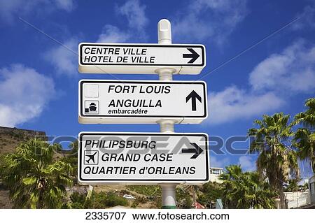 Stock Photo - Direction Sign For Landmarks; Marigot, St. Martin, French West Indies. Fotosearch