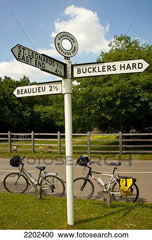 Stock Image - Directions And Bicycles Around The Shipbuilding Village Of Buckler's Hard, New Forest National Park, Hampshire, Uk. Fotosearch