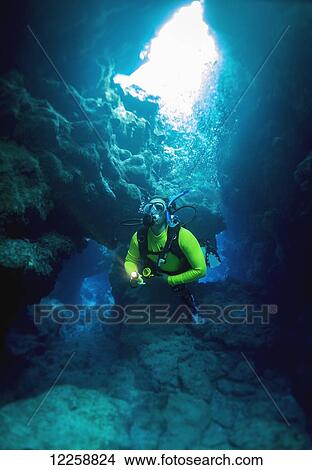 Picture - Diving into one of the underwater caves that surround Niue; Niue Island. Fotosearch