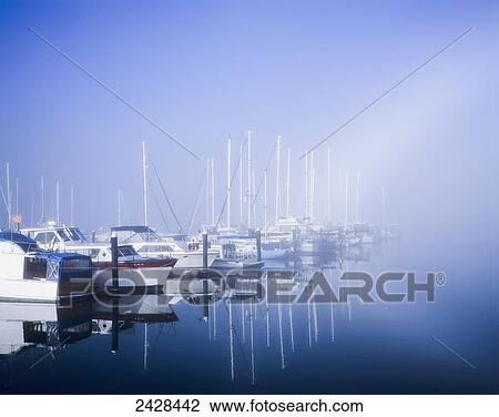 Stock Image - Docked boats on a foggy morning, Winchester Bay; Oregon, United States of America. Fotosearch