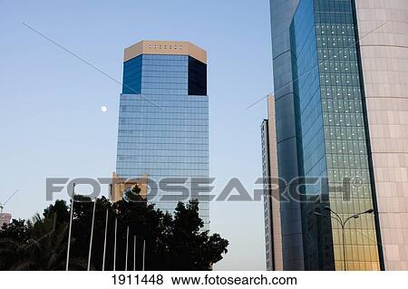 Stock Photo - Doha Barzan Tower At Dusk, Doha, Qatar. Fotosearch