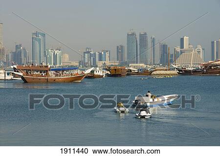 Doha Bay Skyline With Harbor, Doha, Qatar View Large Photo Image Stock Image - Doha Bay Skyline With Harbor, Doha, Qatar. Fotosearch