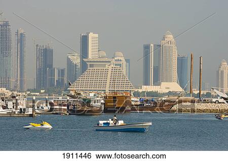 Doha Bay Skyline With Harbor, Doha, Qatar View Large Photo Image Stock Photograph - Doha Bay Skyline With Harbor, Doha, Qatar. Fotosearch