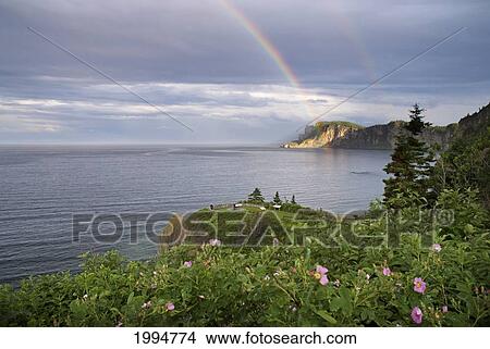 Picture - Double Rainbow On A Seaside Cliff; Quebec Canada. Fotosearch