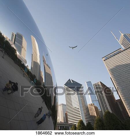 Stock Image - Downtown Reflected In Mirrored Dome, Chicago, Illinois, Usa. Fotosearch