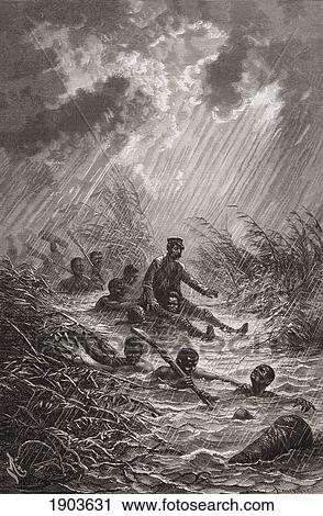 Stock Image - Dr. David Livingstone Being Carried Through A Swamp By Porters During His Expedition To Africa In 1872. David Livingstone, 1813 To 1873. Scottish Missionary And Explorer. From El Mundo En La Mano Published 1878.. Fotosearch
