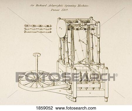 Stock Image - Drawing Of Sir Richard Arkwright's Spinning Machine Patented 1769 Engraved By J. W. Lowry In 1830S. Fotosearch