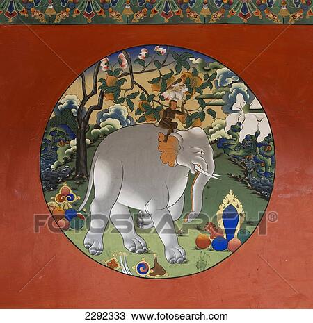 Stock Image - Drepung Monastery, Wall painting; Lhasa, Xizang, China. Fotosearch