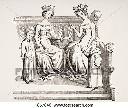 Stock Photograph - Dress Of Noble Ladies And Children In The 14Th Century. From Miniature In Merveilles Du Monde. Fotosearch