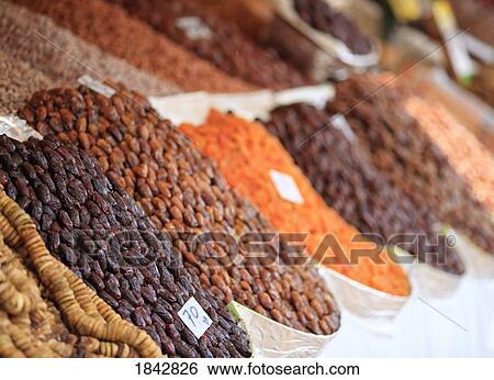 Stock Photograph - Dried Figs, Apricots And Dates On Display In The Stalls At Djemaa El-Fna In; Marrakech, Morocco. Fotosearch