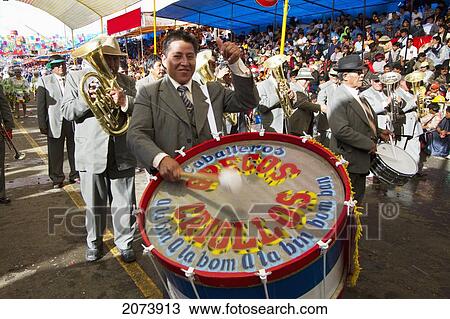 Stock Image - Drummers In A Marching Band In The Procession Of The Carnaval De Oruro, Oruro, Bolivia. Fotosearch
