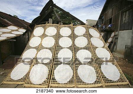 Stock Image - Drying rice flour pancakes; Pakse, Champasak province, Laos. Fotosearch