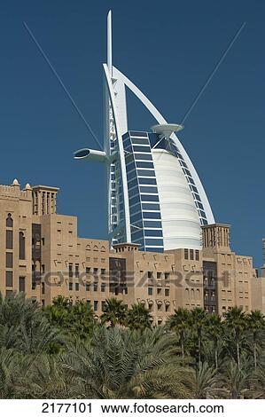Stock Image - Dubai, Uaemadinat Jumeirah Hotel With The Burj Al Arab Hotel Behind. Fotosearch