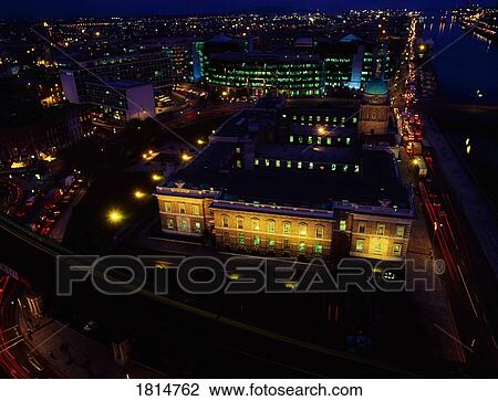 Stock Image - Dublin City, Aerial View Of Customs House, And Ifsc At Night. Fotosearch