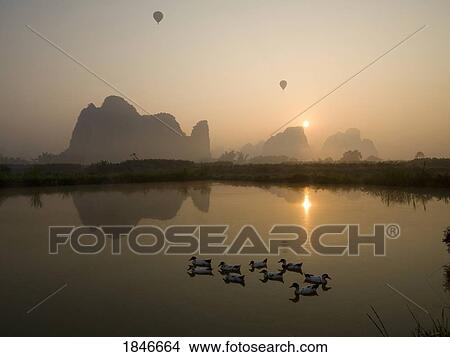 Picture - Ducks On Mountain Lake At Sunset. Fotosearch