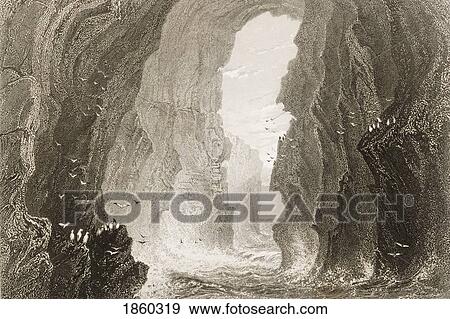 Stock Photo - Dunkerry Cave, County Antrim, Ireland. Drawn By W. H. Bartlett, Engraved By R. Brandard. From ÃƒÆ’Ã‚Â´The Scenery And Antiquities Of IrelandÃƒÆ’Ã‚Â¶ By N. P. Willis And J. Stirling Coyne. Illustrated From Drawings By W. H. Bartlett. Published London C. 1841.. Fotosearch