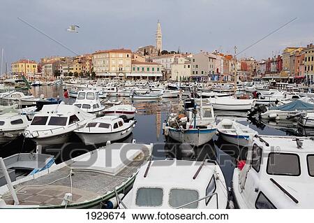 Picture - Early Morning light over the harbour and Old Town Rovinj, Istria, Croatia.. Fotosearch