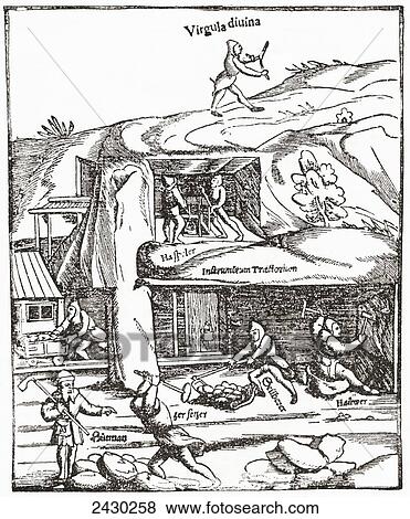 Early representation of the Divining Rod, showing a figure with a diving rod above ground searching for water, coal or gold and the miners below ground toiling to find coal. From The Strand Magazine published 1897. View Large Photo Image Stock Photo - Early representation of the Divining Rod, showing a figure with a diving rod above ground searching for water, coal or gold and the miners below ground toiling to find coal. From The Strand Magazine published 1897.. Fotosearch